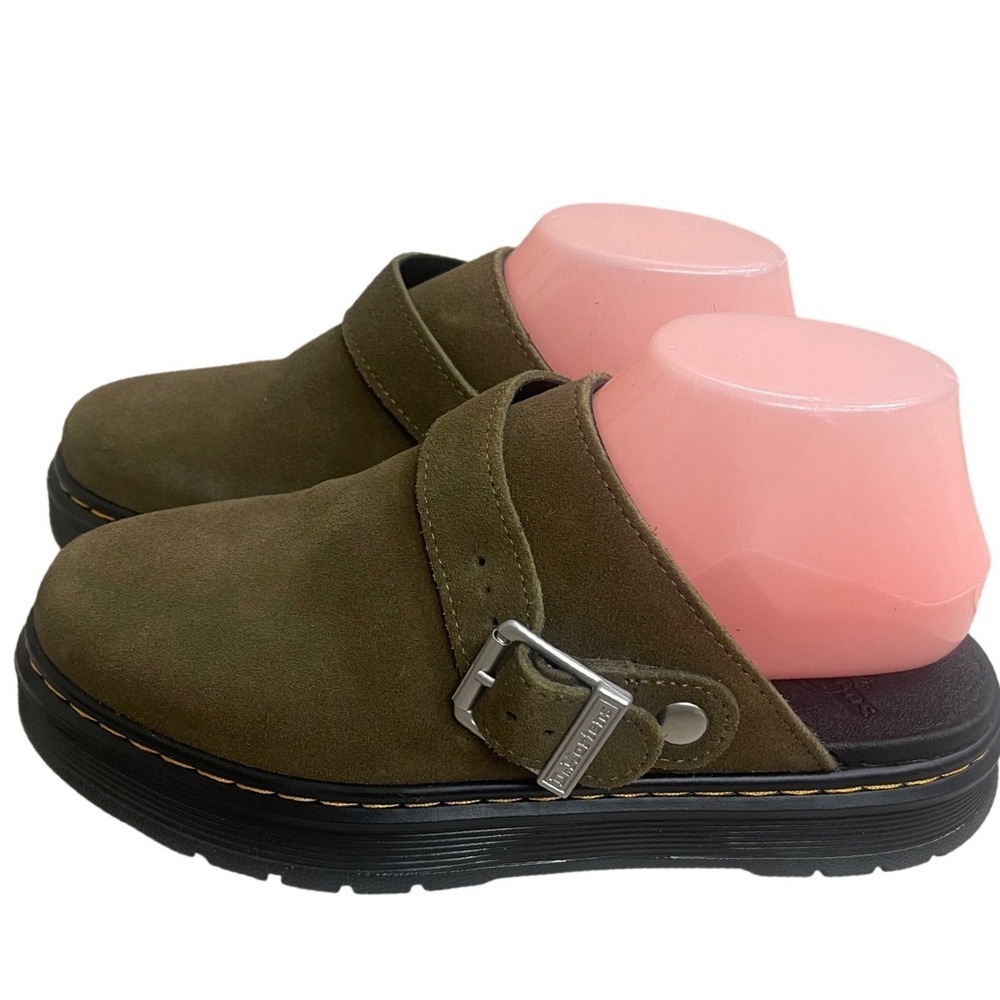 Dr Martens Brookline Mule Olive Green Suede Buckle Clogs Womens 8 Mens 7 used 1x